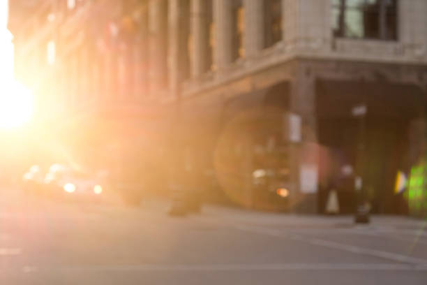 Blurred image of building in Downtown Kansas City at sunset.