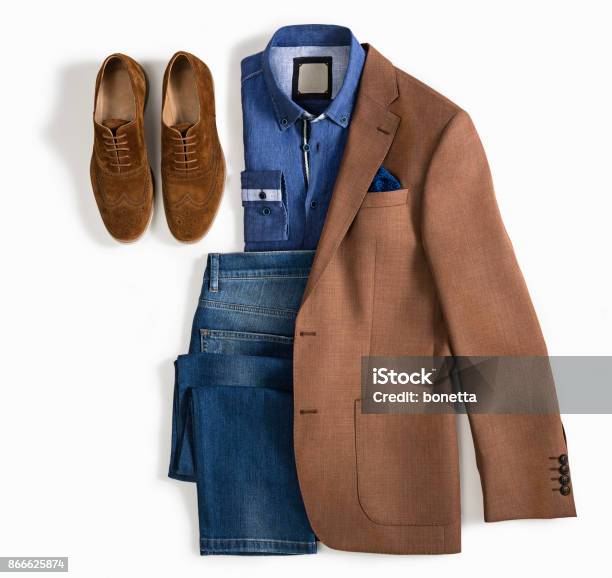 Mens Clothes Isolated On White Background Stock Photo - Download Image Now - Brown, Clothing, Menswear