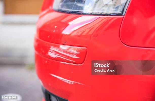 Damaged Bumper Of Red Car Traffic Accident Stock Photo - Download Image Now - Scratched, Car, Car Bodywork