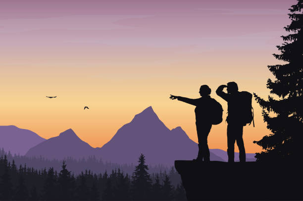 illustrations, cliparts, dessins animés et icônes de illustration vectorielle réaliste d’une montagne de nuit paysage avec arbres et touristique debout avec un sac à dos, avec un espace pour le texte - silhouette one finger sports equipment recreational pursuit