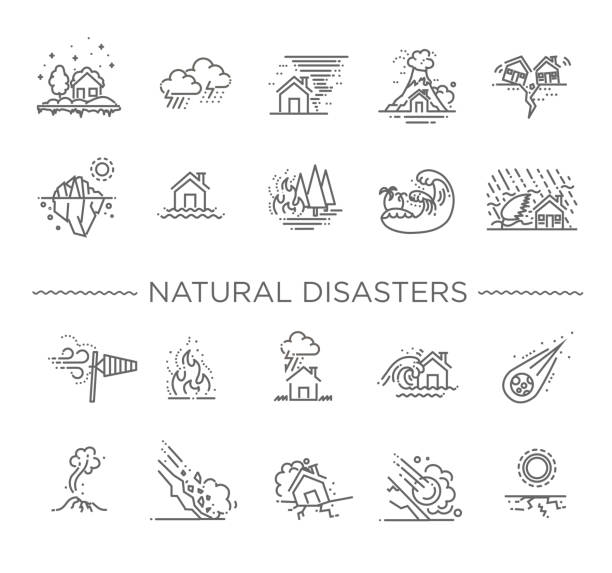 illustrazioni stock, clip art, cartoni animati e icone di tendenza di disastro naturale, illustrazione vettoriale di icone a linea sottile - paesaggio vulcanico