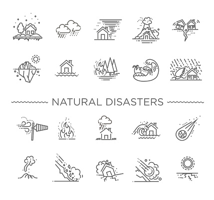 line icons for Natural Disaster Contains such Icons as earth quake, flood, tsunami