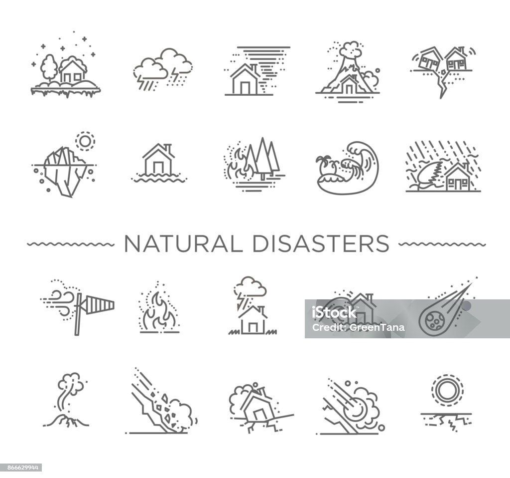 Natural Disaster, Vector illustration of thin line icons line icons for Natural Disaster Contains such Icons as earth quake, flood, tsunami Icon Symbol stock vector