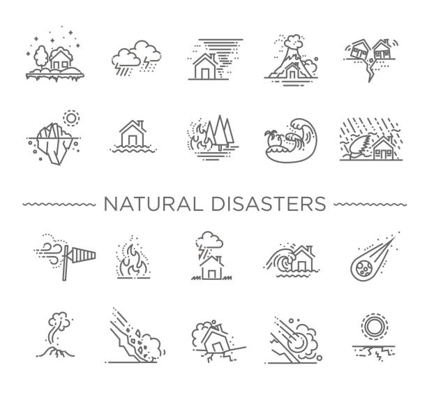 Natural Disaster, Vector illustration of thin line icons line icons for Natural Disaster Contains such Icons as earth quake, flood, tsunami volcanic terrain stock illustrations