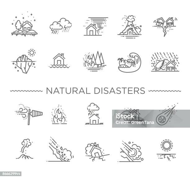Natural Disaster Vector Illustration Of Thin Line Icons Stock Illustration - Download Image Now