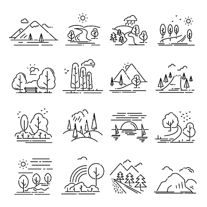 Landscape thin line set. Forest and valley, park image, rural and agriculture farming environment. Vector line art illustration isolated on white background