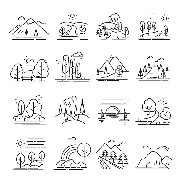 Landscape thin line set Landscape thin line set. Forest and valley, park image, rural and agriculture farming environment. Vector line art illustration isolated on white background forest symbols stock illustrations
