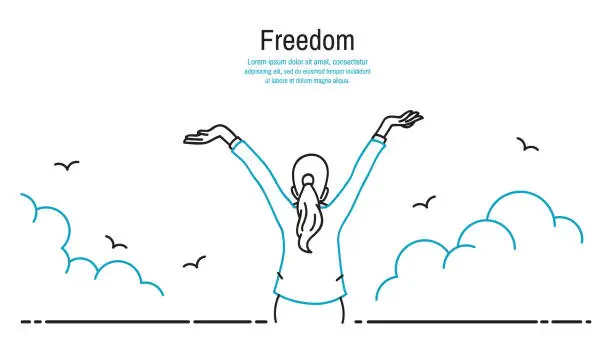 Vector illustration of Happy woman stretching hands in the sky