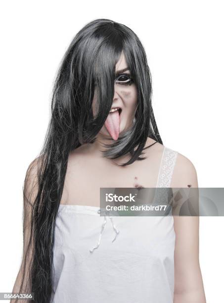 Mystical Crazy Woman Showing Long Tongue Stock Photo - Download Image Now - Adult, Adults Only, Anger