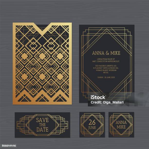 Luxury Wedding Invitation Or Greeting Card With Geometric Ornament Art Deco Style Paper Lace Envelope Template Wedding Invitation Envelope Mockup For Laser Cutting Vector Illustration Stock Illustration - Download Image Now