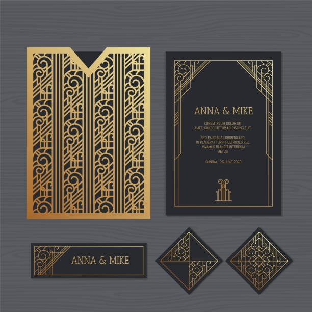 Luxury wedding invitation or greeting card with geometric ornament. Art Deco style. Paper lace envelope template. Wedding invitation envelope mock-up for laser cutting. Vector illustration. Luxury wedding invitation or greeting card with geometric ornament. Art Deco style. Paper lace envelope template. Wedding invitation envelope mock-up for laser cutting. Vector illustration. blueprint borders stock illustrations