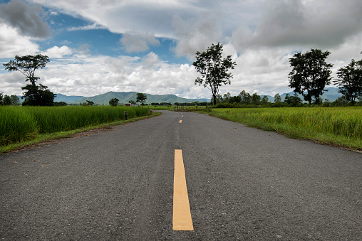Rural road with rice paddies in Phayao, Thailand leading to mountains