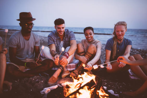 istock Happy multi-ethnic friends roasting marshmallows over campfire at beach party 866652946