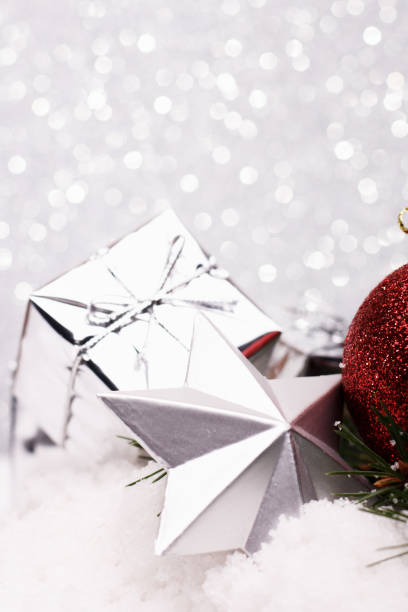 istock Christmas composition of Christmas tree toys on a silver background 866655648