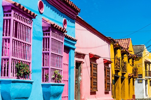 Colorful streets of Getsemani\naera of Cartagena de los indias Bolivar in Colombia South America
