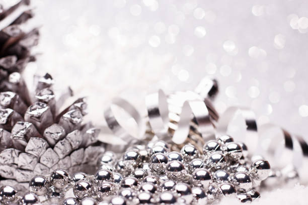istock Christmas composition of Christmas tree toys on a silver background 866655844