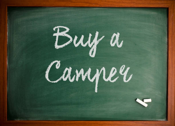 istock Buy a camper  - Motivational quote on blackboard 866655948
