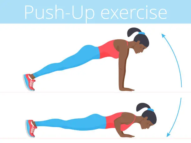 Vector illustration of The beautiful afro-american young woman is doing the push-up exercise.