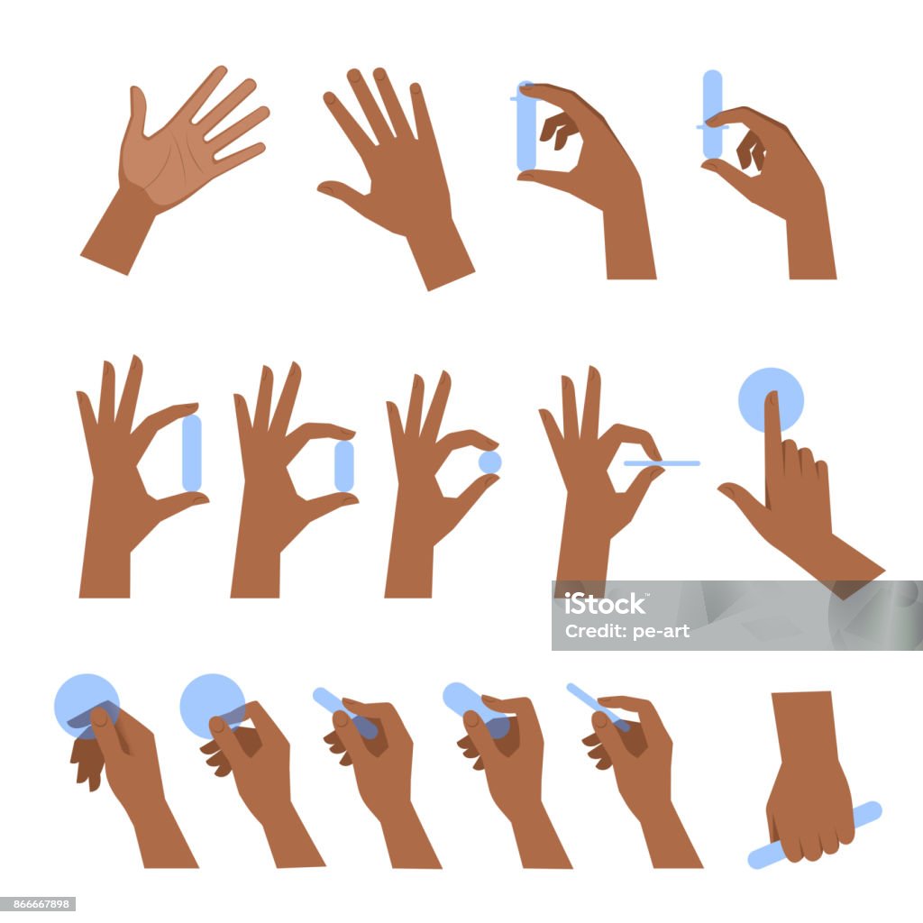 Various gestures of black human hands flat vector illustration set. Various gestures of black human hands isolated on a white background. Flat illustration set of afro-american hands holding objects in a different situations. Vector design element for infographic, web Hand stock vector