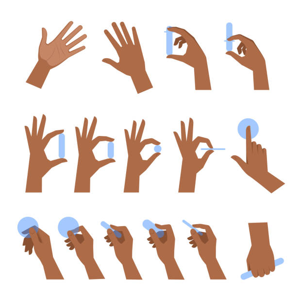 Various gestures of black human hands flat vector illustration set. Various gestures of black human hands isolated on a white background. Flat illustration set of afro-american hands holding objects in a different situations. Vector design element for infographic, web pinching stock illustrations