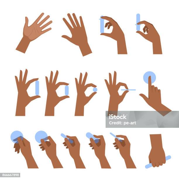 Various Gestures Of Black Human Hands Flat Vector Illustration Set Stock Illustration - Download Image Now