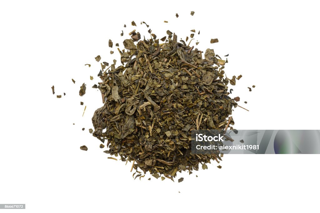 bunch of green tea on a white background Green Tea Stock Photo