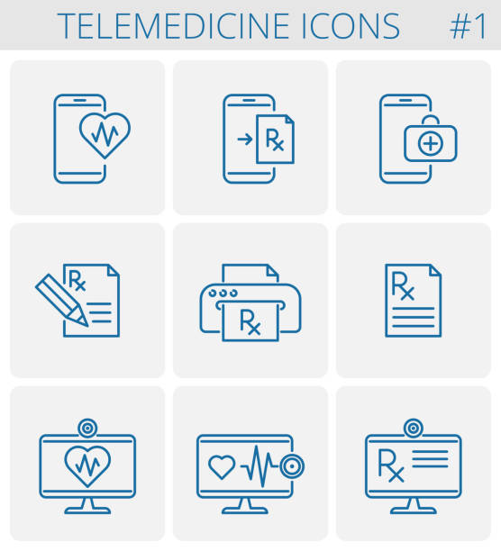 ilustrações, clipart, desenhos animados e ícones de medicina e telemedicina contorno icon set vector. - pulse trace taking pulse computer monitor healthcare and medicine