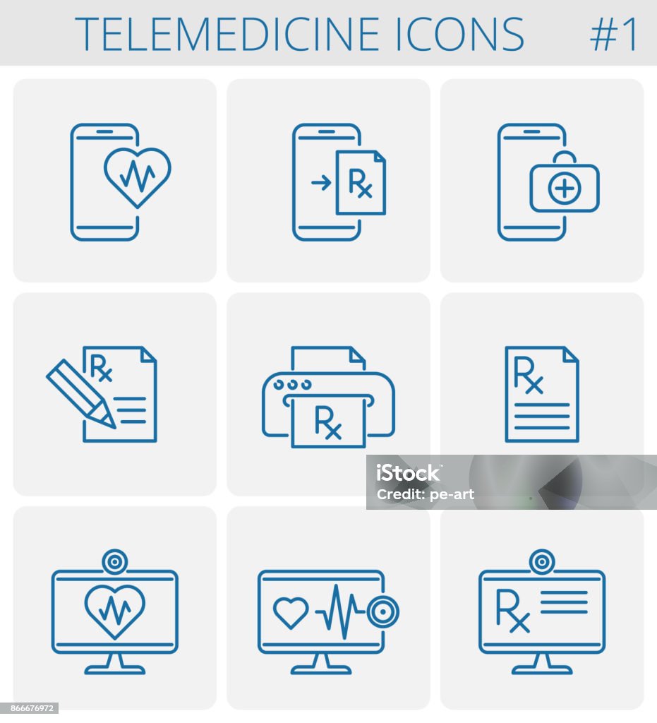 Medicine and telemedicine vector outline icon set. Medicine, telemedicine vector outline icon set. Mobile phone and heart symbol with pulse line inside. Smart phone and first aid kit symbol. Desktop computer monitor with prescription Rx document icon. Icon Symbol stock vector