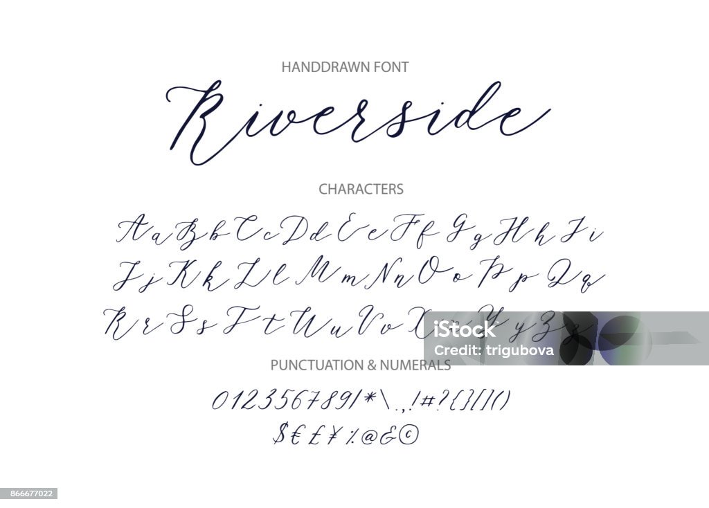 Riverside - handwritten Script font Riverside - handwritten Script font. Hand drawn brush style modern calligraphy cursive typeface. Vector Brush type set. Typescript stock vector