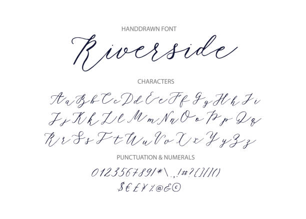Riverside - handwritten Script font Riverside - handwritten Script font. Hand drawn brush style modern calligraphy cursive typeface. Vector Brush type set. non western script stock illustrations