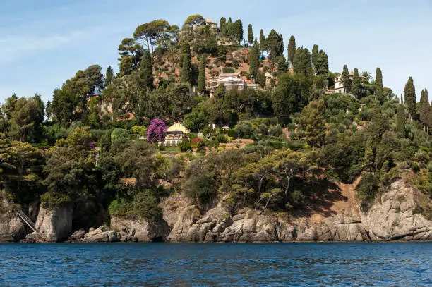 Photo of Portofino, Liguria Italia -  watching the coast from the sea. View of the villas of Portofino, one of the most popular village on the Italian Riviera.