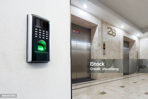 Fingerprint With Backgrounds Of Modern Corridor Stock Photo - Download Image Now - Biometrics, Elevator, Bar Code Reader