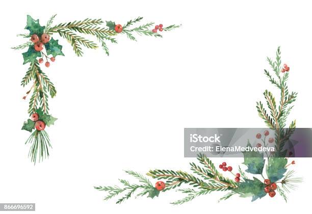 Aquarell Vektor Weihnachten Rahmen Mit Tannenzweigen Und Platz Für Text Stock Vektor Art und mehr Bilder von Weihnachten