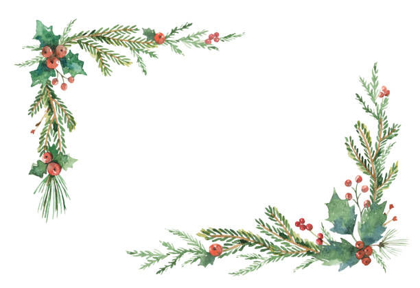 illustrazioni stock, clip art, cartoni animati e icone di tendenza di cornice natalizia vettoriale ad acquerello con rami di abete e posizione per il testo. - christmas design christmas tree paintings