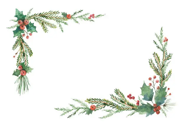 Vector illustration of Watercolor vector Christmas frame with fir branches and place for text.