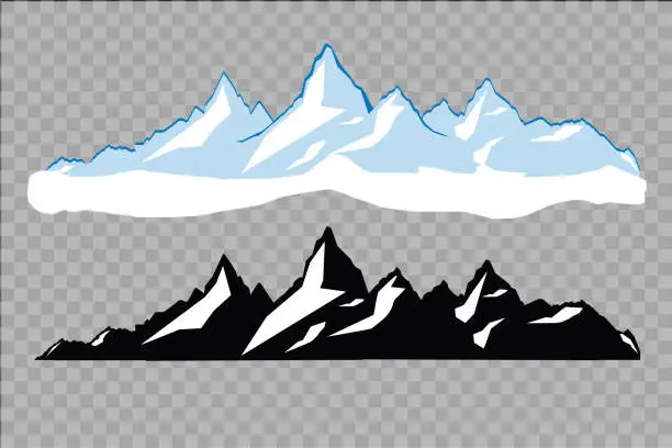 Vector illustration of Set of black and white mountain silhouettes.Background border of rocky mountains.Vector illustration