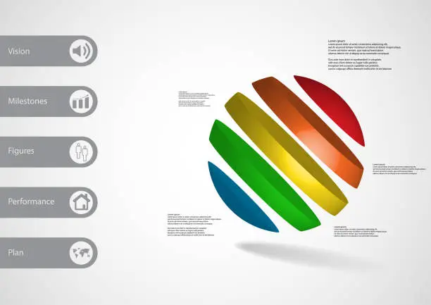 Vector illustration of 3D illustration infographic template with motif of ball askew divided to five color slices with simple sign and text on side in bars. Light grey gradient used as background.