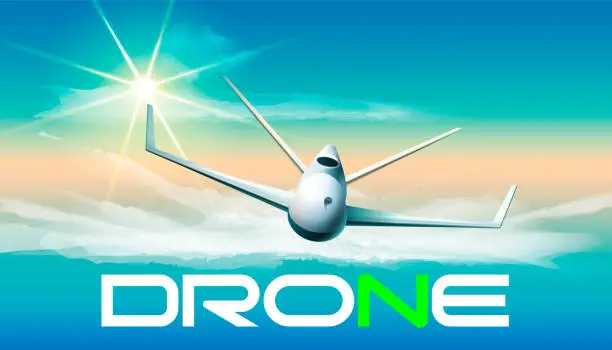 Vector illustration of Drone flying in sunlight. Vector illustration of flying drone in sunlight and a word.