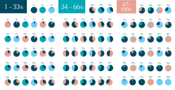 Mega Set of infographic percentage circle pie charts. Mega Set of infographic percentage circle pie charts. 1 % to 100 %. Vector isolated elements. pie chart stock illustrations