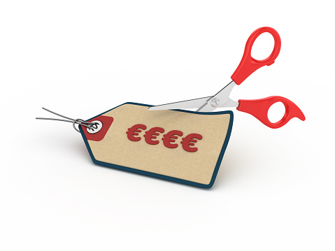 Euro Symbol Shopping Tag with Scissors  - White Background - 3D Rendering