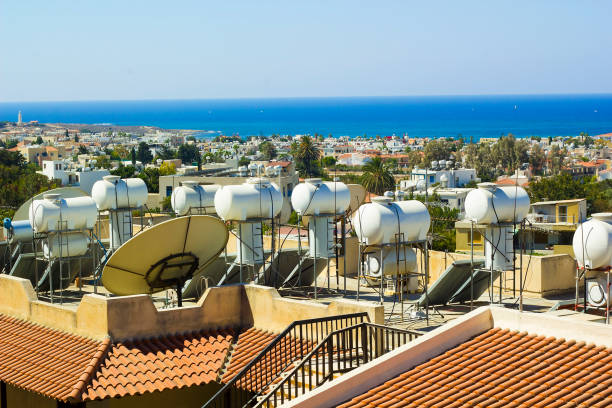 Solar systems on roofs of houses in Paphos, Cyprus