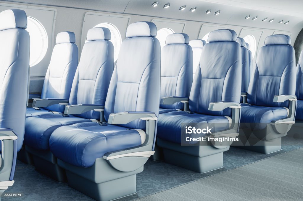 Luxurious Airplane Interior Leather seats of a luxurious airplane. Airplane Stock Photo