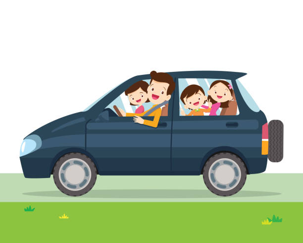 family car simplified illustration of a vehicle Traveling family. A young family with children go on a trip by car.People set father, mother and children sitting in Car. family in car stock illustrations