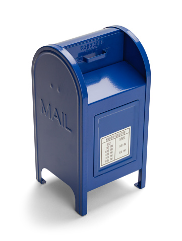 Closed Blue Metal Mail Box isolated on a White Background.