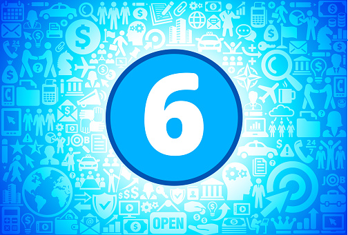 Number Six Icon on Business and Finance Vector Background. The blue button with the white icon on it is in the center of the illustration. The button is surrounded with business and finance icon pattern. The icons vary in size and shades of blue color. There is a white glow around the round button which helps it stand out from the background. The icons include such popular business and finance symbols as business people, business meetings and travel, profits and financial charts and many more. You can also use each icon separately from the main background.