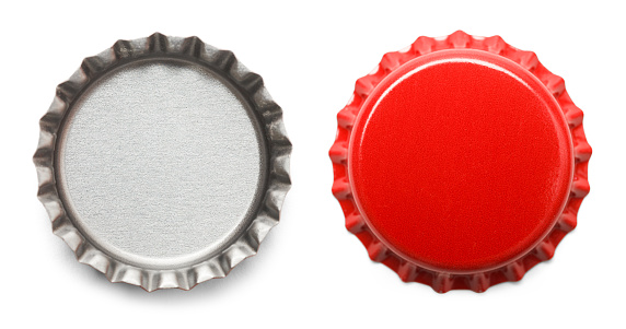 Red Bottle Caps Isolated on White Background.