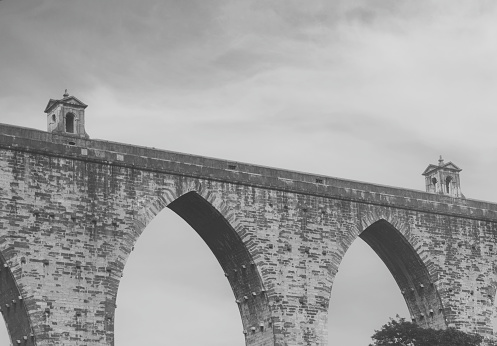 The Aguas Livres Aqueduct in Lisbon. Black and white.