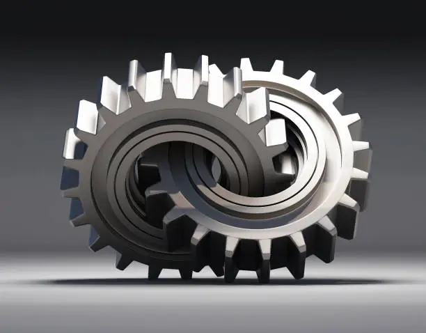 3D illustration. A couple of interlaced gears. Union concept.