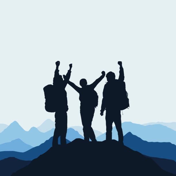 ilustrações, clipart, desenhos animados e ícones de ilustração em vetor de uma paisagem de montanha com uma silhueta realista de uma alpinista no topo de uma rocha com um gesto vencedora sob um céu azul - silhouette landscape cliff mountain