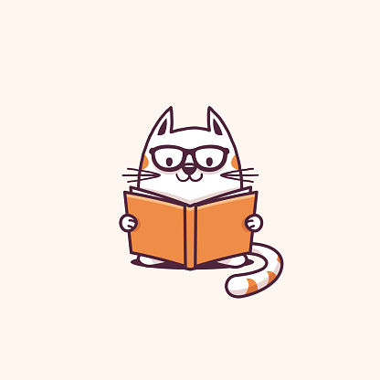 Cute geeky cat reading a book vector cartoon illustration